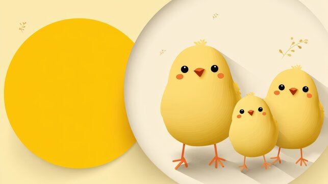 Three cute yellow chicks with orange beaks and feet standing on a white surface next to a large yellow circle on a beige background, ai animal backgrounds for kids