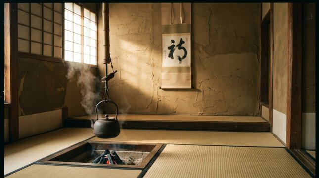 Interior of a traditional Japanese room featuring a steaming cast iron kettle over a sunken irori hearth, with tatami mats, shoji window, and calligraphy scroll in soft morning light.