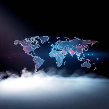 Abstract binary continents emerge from digital mist on a luminous world map, with a dynamic light sweep,  high-key,  straight on
