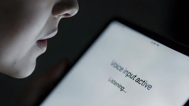 Person speaking quietly to smart device with voice input active for hands free communication technology