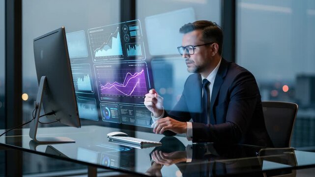 Businessman analyzing futuristic holographic data charts and graphs in modern office setting