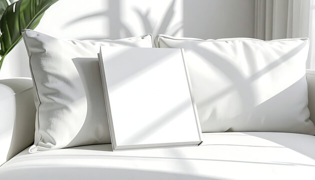 Blank canvas on a white sofa with tropical plant shadows, interior design mockup