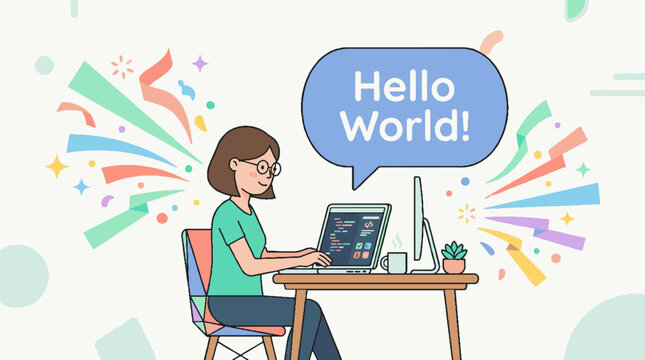 A young female programmer working on a computer with a celebratory Hello World speech bubble.
