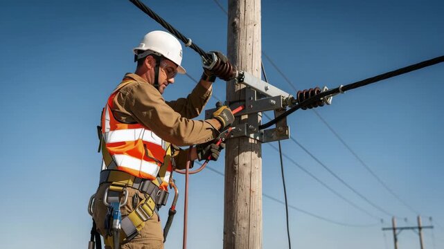 Utility worker in safety gear fixing electrical wires on power pole outdoors under clear sky