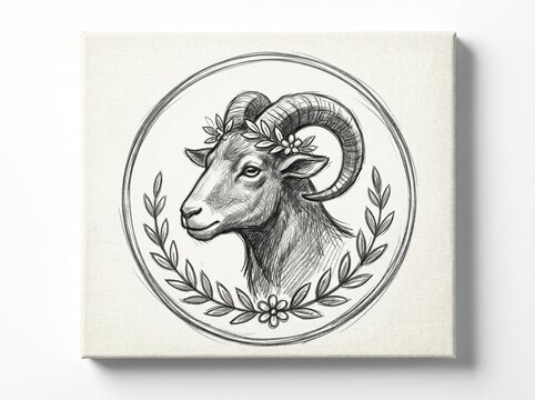 Antik perak koin simbol dengan desain ilustrasi vektor hewan kambing pada latar belakang putih hitam dan dinding