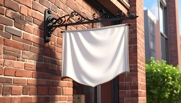 Blank canvas sign hanging on a brick wall outside a storefront, ready for custom text and logos, outdoor signage mockup