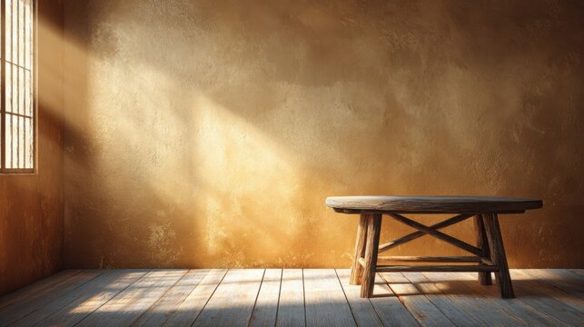 Tranquil Empty Room with Sunlight Streaming Through Window Illuminating Rustic Wooden Table on Warm Textured Wall Background
