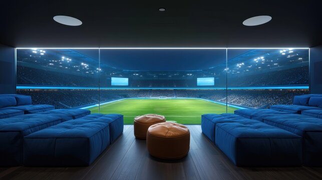 Luxury private suite interior with modern blue seating and ottoman overlooking brightly lit sports stadium on a night event with large glass window