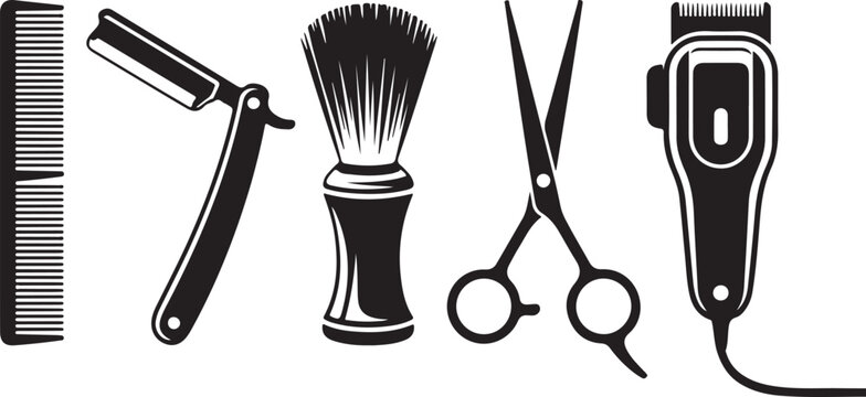 Essential barbershop tools collection including a comb straight razor shaving brush scissors and hair clipper for grooming