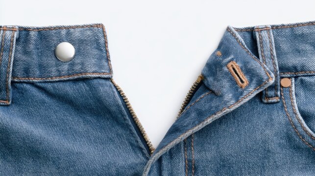 Close-up of blue denim jean waistband with button and partially unzipped zipper on white background for fashion or clothing concept