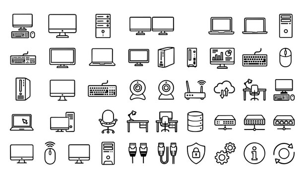 Computer and Digital Technology Icon Set: Minimalist Outline and Solid Illustrations for Desktop PCs, Cloud Data Server Hardware, Cyber Security, and Network Infrastructure Symbols