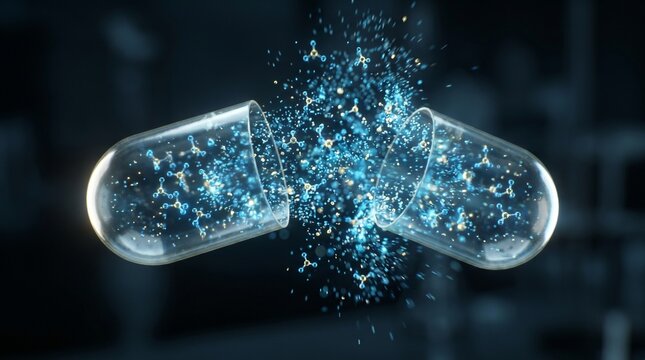 A transparent capsule splitting open, releasing glowing blue molecular particles into the air, symbolizing advanced medicine or drug delivery.