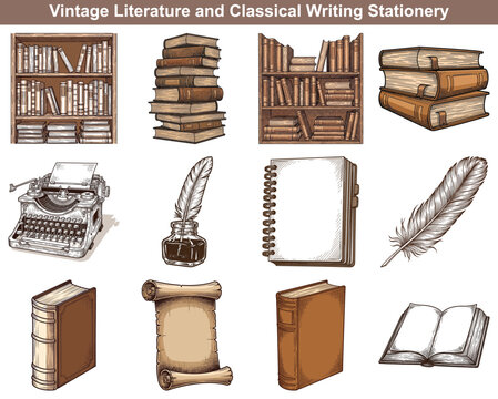 Vintage library shelves filled with antique books, a classic typewriter, and quill pen with inkwell for literature themes