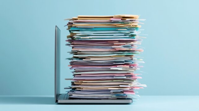 Overwhelming stack of colorful paper document files placed on open modern laptop keyboard against light blue background representing digital overload and data management challenge