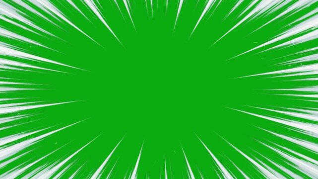 Intense white radial comic dash lines animated on a green screen chroma key background action speed flash motion manga comic effect anime dash zoom movement template animation up run impact motion
