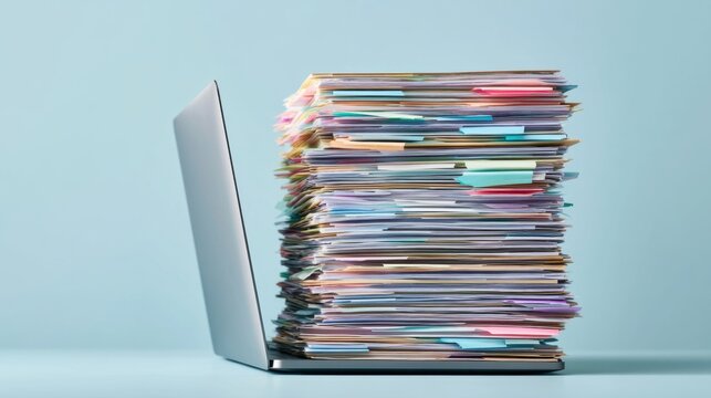Overloaded laptop with extremely large stack of colorful paper documents files on keyboard representing digital and physical information overload and organization challenge