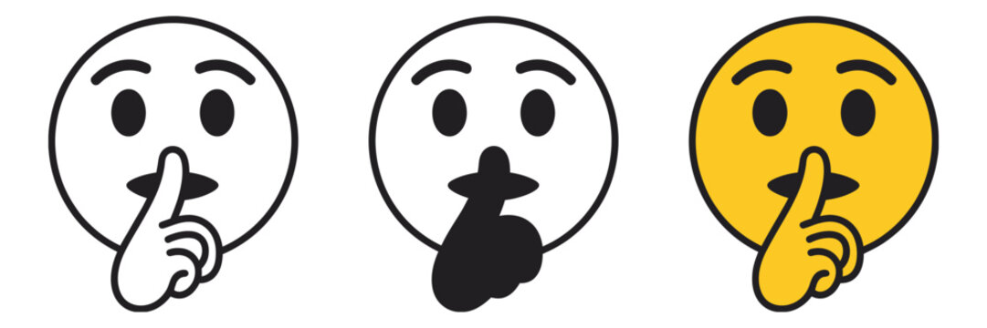 Shush Emoji Vector Set featuring silence and quiet icons, hush symbols, keep secret gestures, communication control pictograms, editable UI design elements.