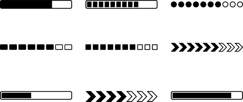 Minimal Progress Indicator Icon Collection with Loading Bars Dots Arrows and User Interface Status Elements Vector Set.