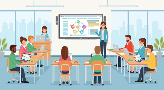 Diverse group of people learning in modern classroom with interactive whiteboard