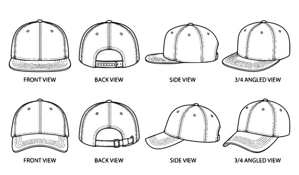 Blank Outline Snapback Cap Template Vector Set Featuring Front Back and Side Baseball Hat Views