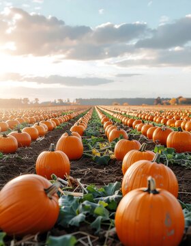 A vast pumpkin patch field at sunset during autumn harvest season.