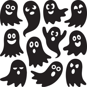 Set of cute ghost silhouettes with different facial expressions for halloween decorations isolated on transparent background.