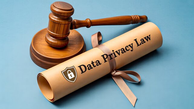 Data privacy law document with gavel on blue background legal concept