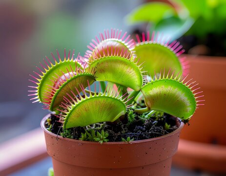 A vibrant Venus flytrap plant in a small terracotta pot indoors.