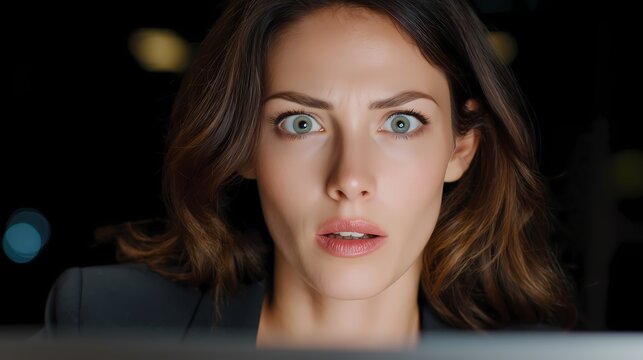 Shocked businesswoman face at computer screen, cyber attack reaction surprise concept