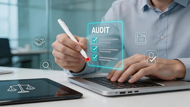 Business audit and compliance checklist review process, professional checking documents on digital tablet interface, legal agreement verification and quality control inspection in