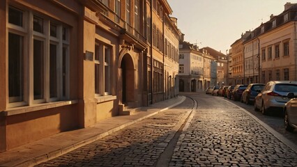 Fototapeta premium Charming European Cobblestone Street Bathed in Golden Sunlight, Evoking Timeless Urban Beauty