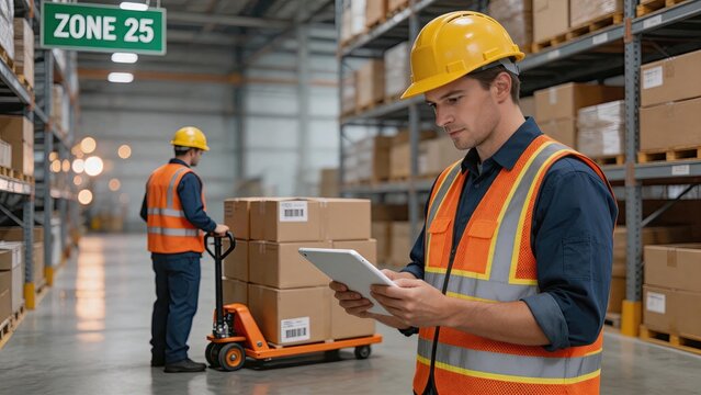 Warehouse manager checking inventory list on digital tablet while worker moves boxes with pallet jack in logistics distribution center aisle zone