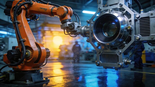 Automated robotic arm inspecting high precision optical lens component using machine vision camera system in advanced manufacturing facility production line