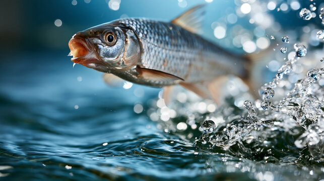 Silver fish jumping from clear blue water with frozen droplets in dynamic wildlife photography realistic scene