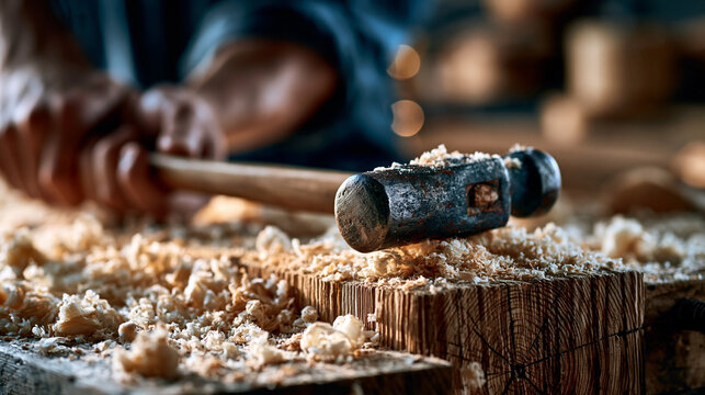 Worn carpenter hammer on a wooden workbench with sawdust and a craftsman&rsquo;s hands in a realistic workshop