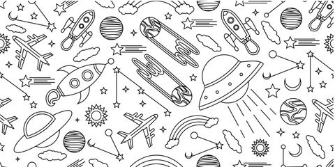 Space themed pattern background. Seamlesa pattern of space themed doodle pattern background. Hand drawn spaces doodle pattern background. Seamless space planet kid doodle universe design. © Predi
