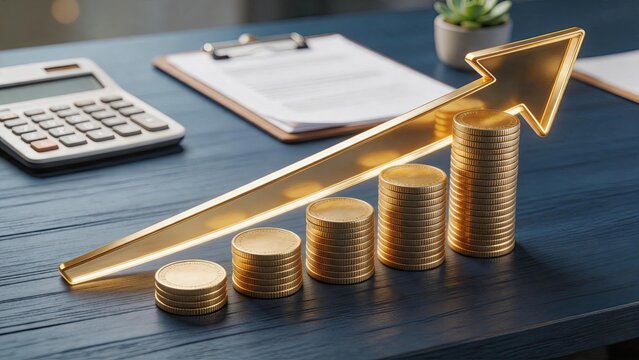 Golden coins stacked in ascending order with glowing upward arrow, financial growth chart, investment success, wealth accumulation, economic progress, business profit increase,