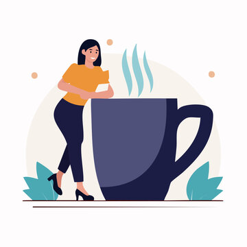 Woman Leaning on Giant Coffee Cup with Steam