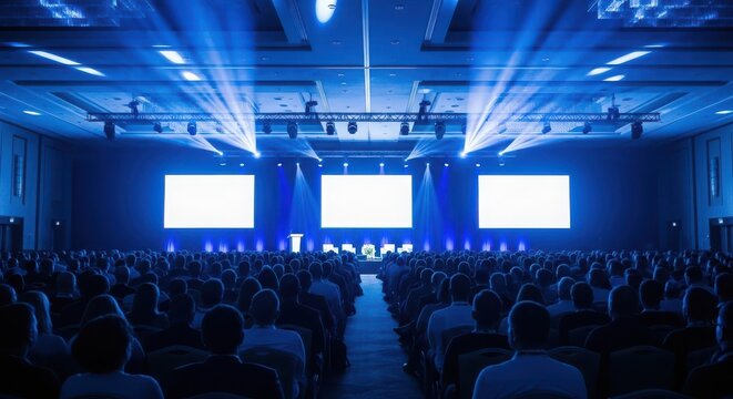 Conference hall with large screens and audience