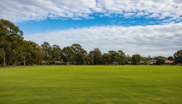 Green park field with trees under a cloudy sky