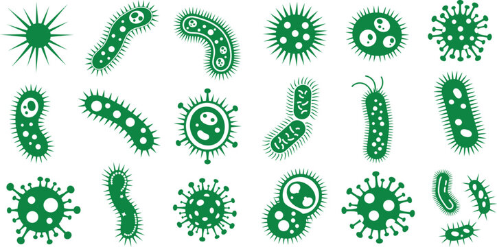 Detailed collection of microscopic organisms featuring various bacteria and virus shapes in a scientific flat icon style