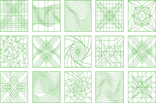Diverse green line art patterns in square frames offer modern geometric design elements for digital projects
