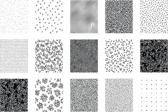 Fifteen monochrome patterns featuring diverse small shapes like dots, triangles, and dashes in a grid