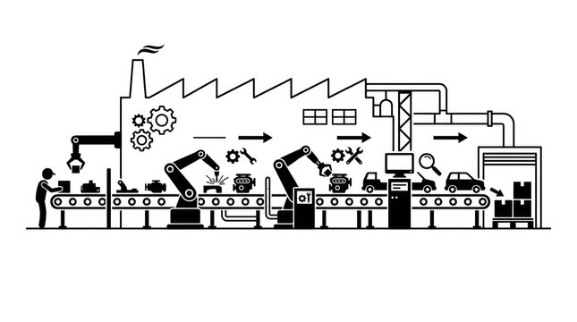 Industrial factory with robotic assembly line.