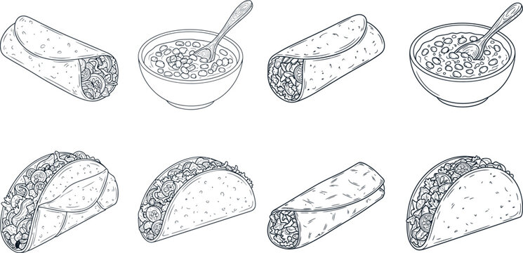 Hand drawn outline set of traditional Mexican food items featuring burritos tacos and a bowl of beans illustration