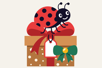 Fototapeta premium Whimsical holiday illustration features cute ladybug sitting atop polka dot gift box decorated with green bow and red ribbon.