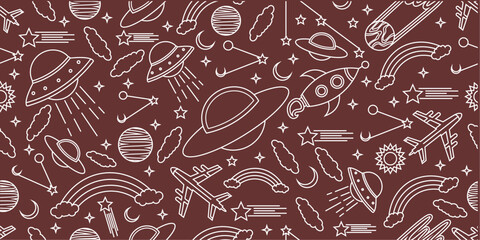 Space themed pattern background. Seamlesa pattern of space themed doodle pattern background. Hand drawn spaces doodle pattern background. Seamless space planet kid doodle universe design. © Predi