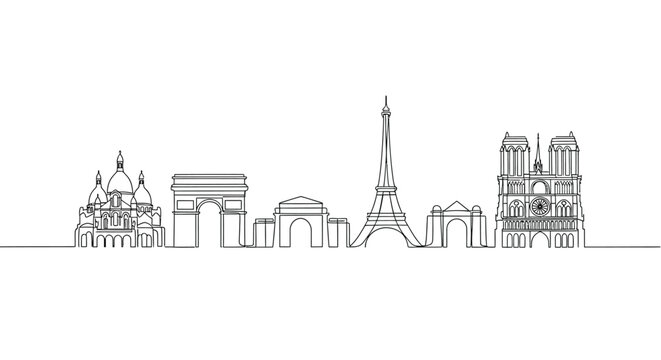 Continuous one line drawing of paris iconic cityscape monuments