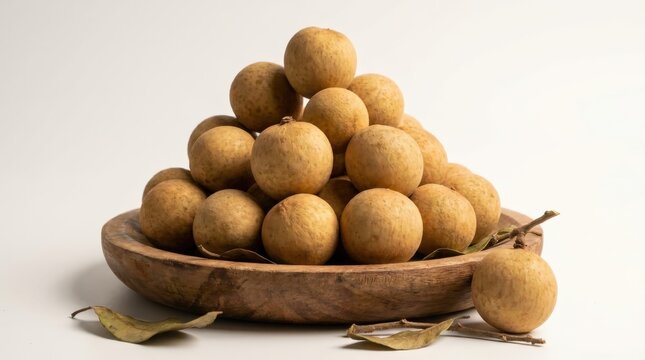 A large pile of fresh duku fruit is arranged in a wooden bowl featuring round shapes and thin patches on the skin, captured in a widescreen cinematic composition against a clean studio backdrop.