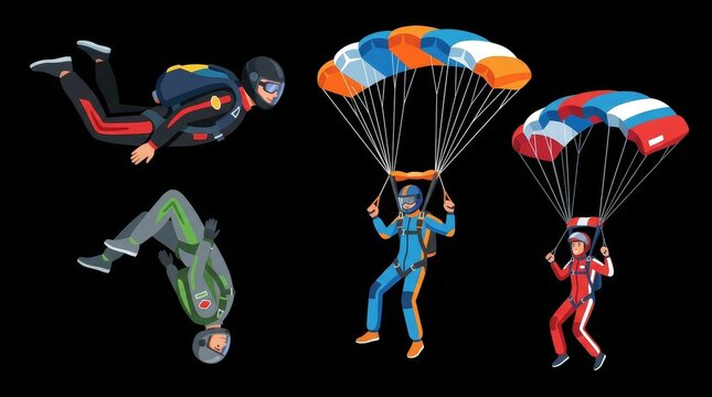 A colourful vector illustration of seven skydivers forming a circle in mid-air against a black background.